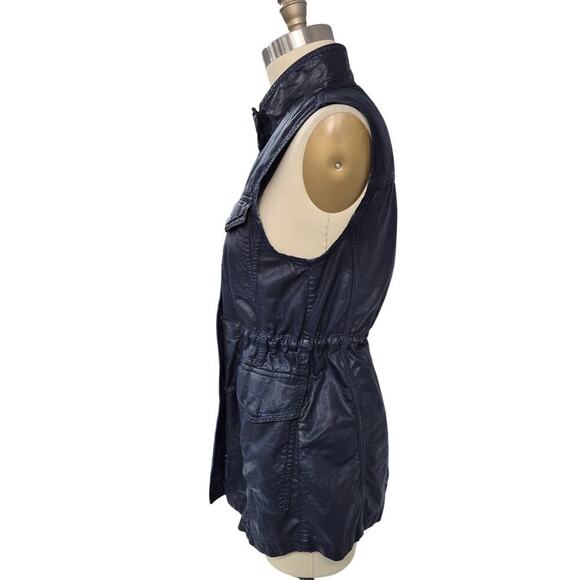 Banana Republic Navy Coated Denim Drawstring Pocket Utility Vest Women’s M - Picture 3 of 5